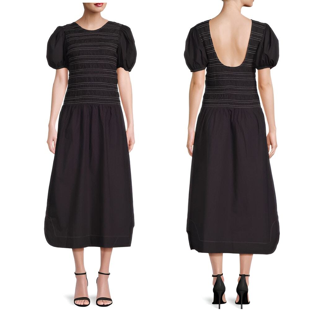 Ganni Puff Sleeve Midi Dress Black Organic Cotton Smocked Scoop Back